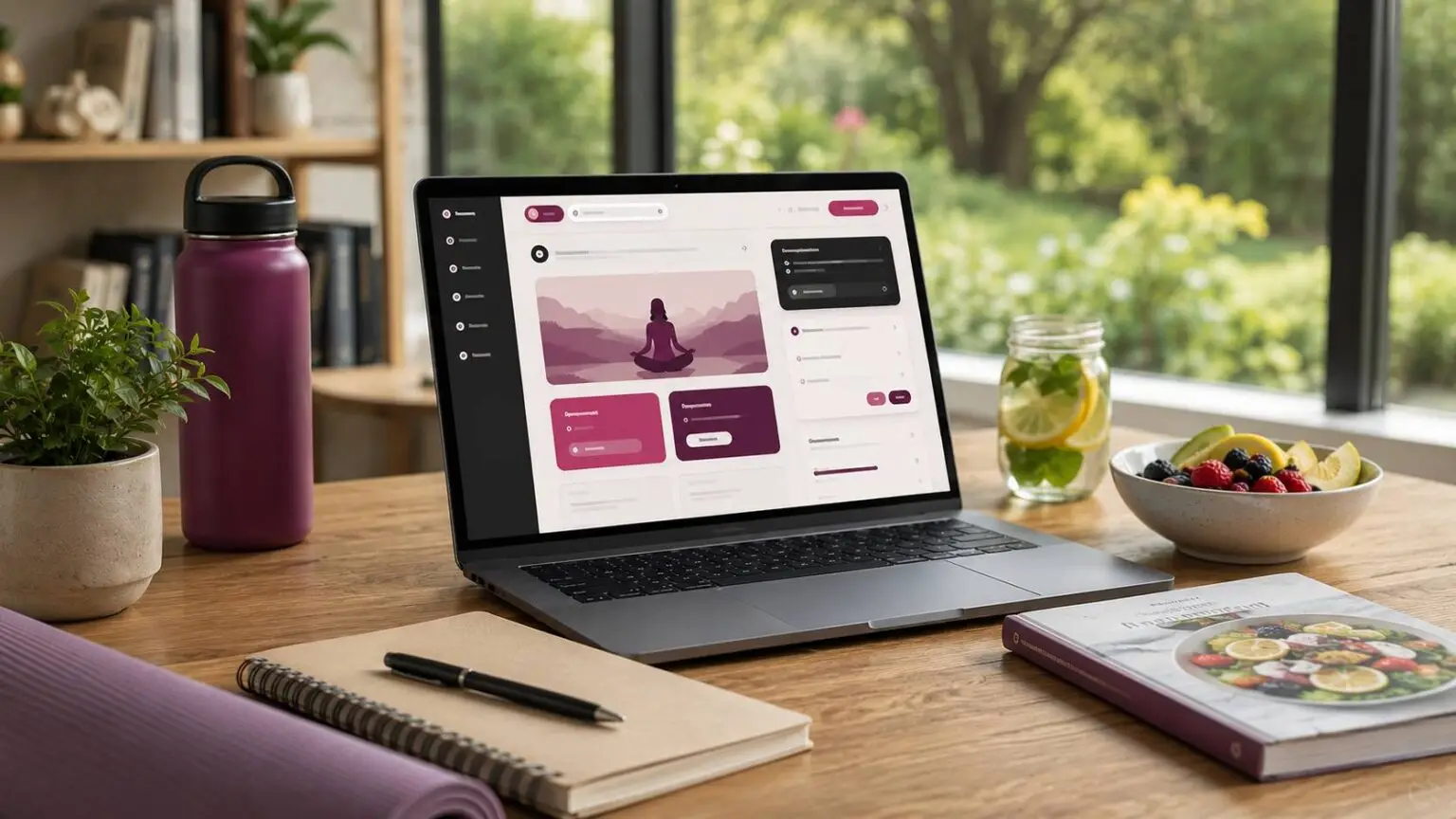 Gezonde werkplek met laptop, fruit en wellnessaccessoires voor een platform over een gezonde leefstijl. contact Gezond Leven Platform