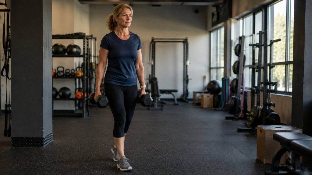 Krachttraining voor vrouwen 45 plus met farmer carries voor kracht en stabiliteit.