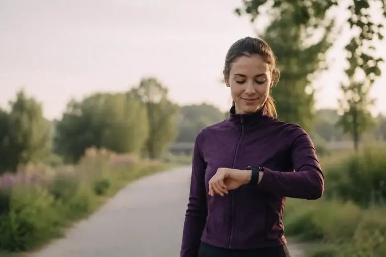 Vrouw wandelt buiten in het groen en bekijkt haar smartwatch tijdens het bewegen.