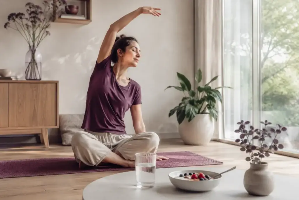 Vrouw doet rustige stretchoefeningen thuis naast een gezond ontbijt en een glas water.