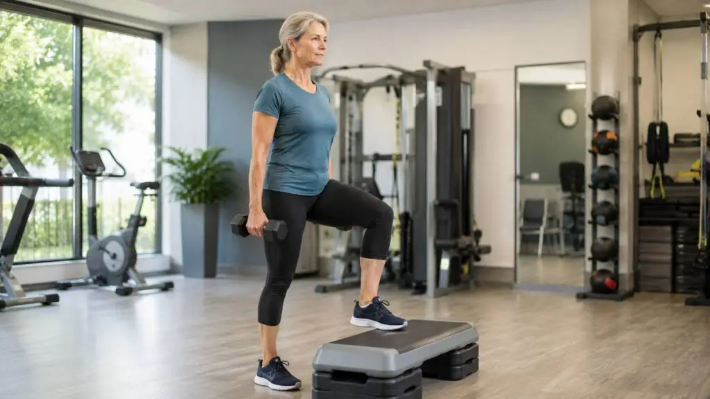 Krachttraining voor vrouwen 45 plus met step-ups voor beenkracht, balans en stabiliteit.