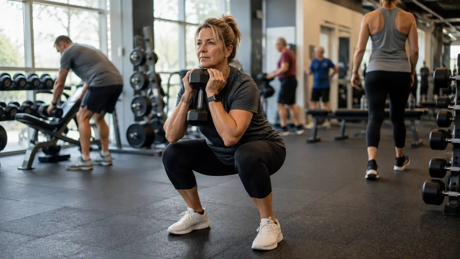 Krachttraining voor vrouwen 45 plus met een gecontroleerde goblet squat in de sportschool.