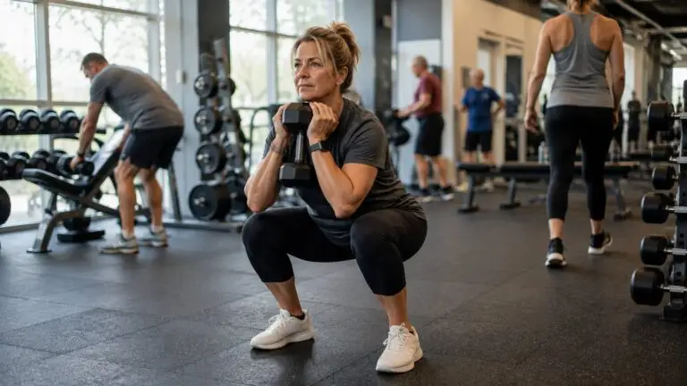 Krachttraining voor vrouwen 45 plus met een gecontroleerde goblet squat in de sportschool.