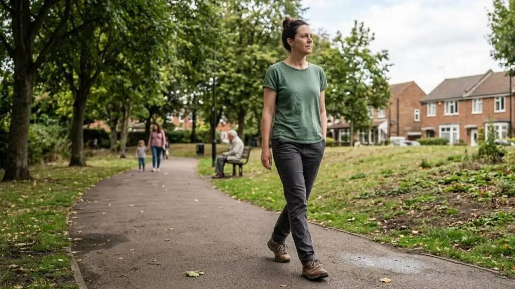 Stress herstellen met rustige dagelijkse beweging tijdens een wandeling buiten.