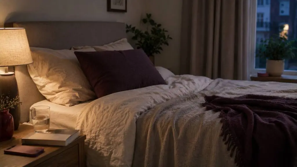 Rustige slaapkamer die slaap en herstel binnen een gezonde leefstijl ondersteunt.