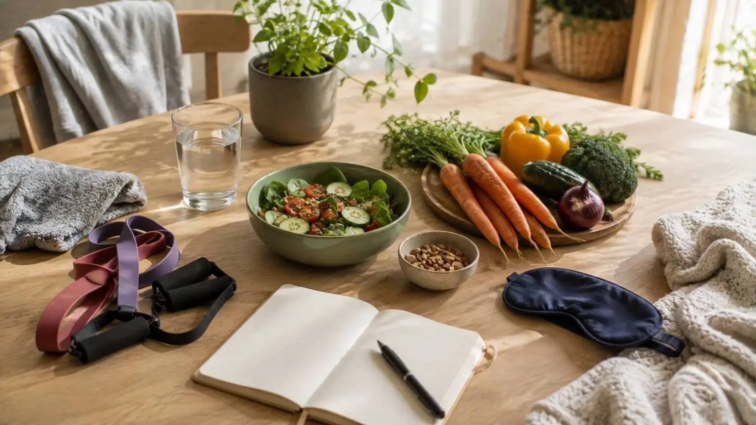 Voorwerpen die beweging, slaap, voeding, herstel en gezonde leefgewoonten vertegenwoordigen.